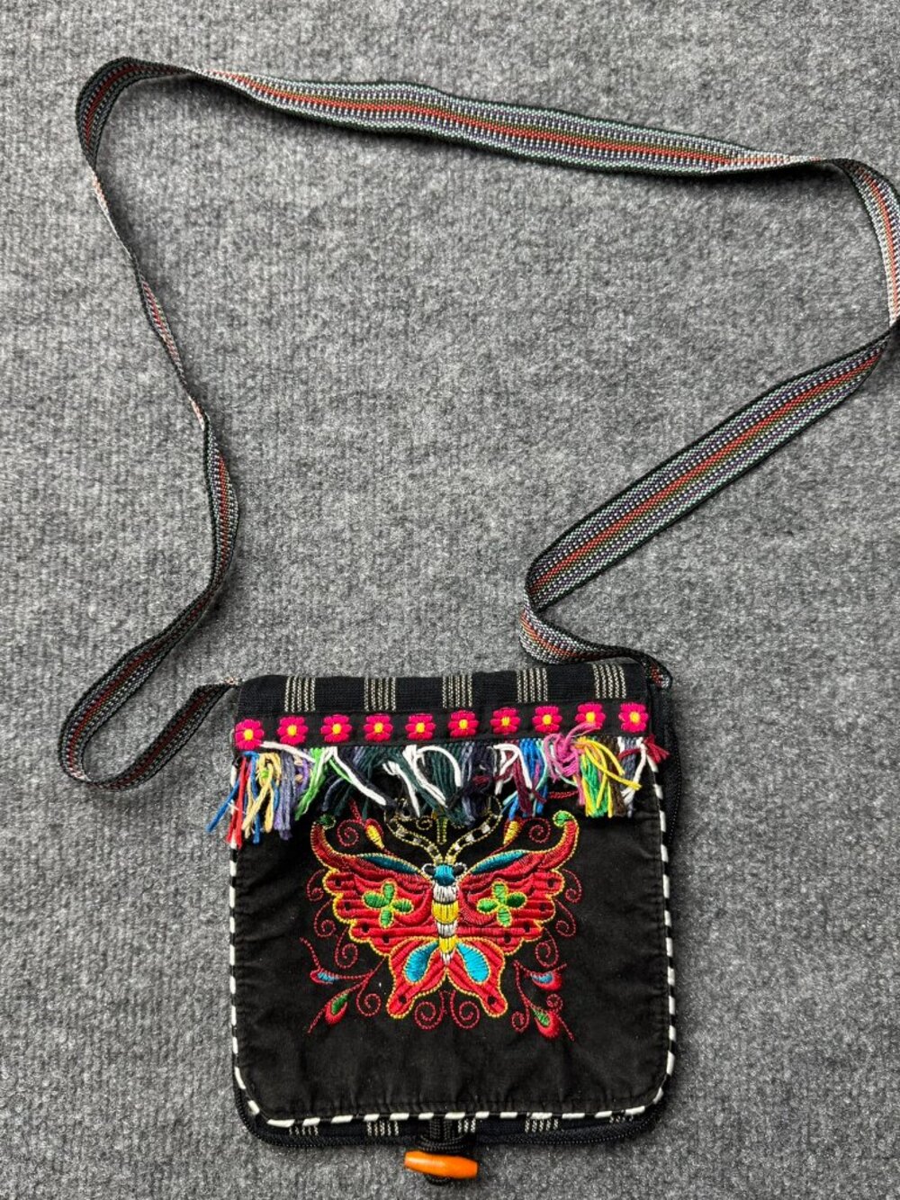 Ethnic Hmong Embroidered Butterfly Crossbody Bag Woven Stripe Fringe Boho Festiv